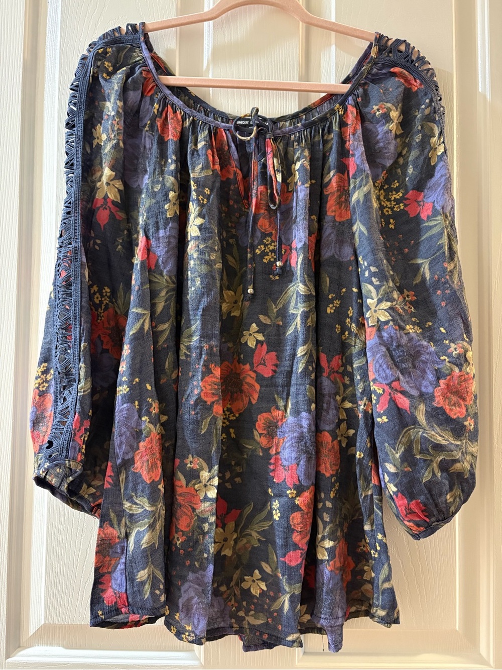 Boho Floral Off-Shoulder Women's Top - Navy with Red & Purple Flowers
